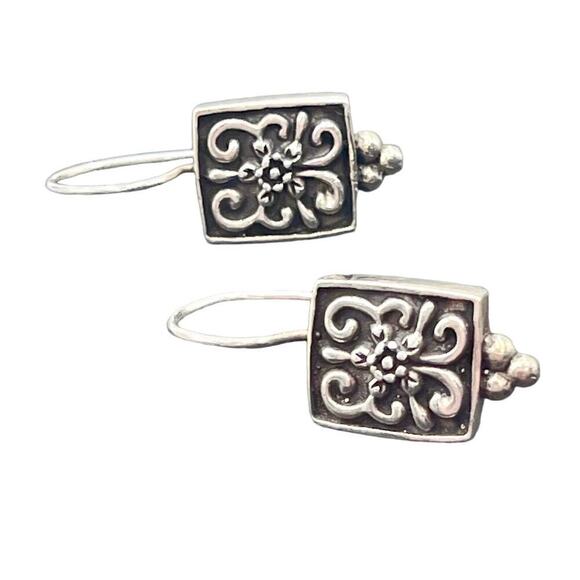 Artisan Sterling Silver Signed 925 Raised Swirl Filigree Boho Drop Bali Earring - Picture 1 of 13